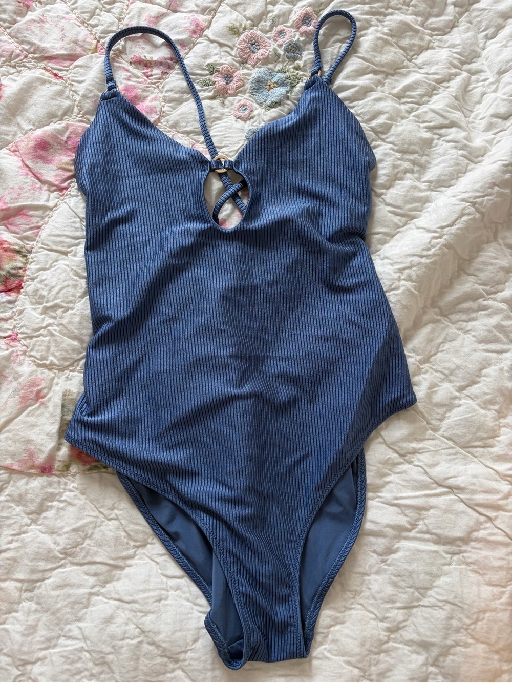 aerie Ribbed Blue One-Piece Swimsuit with Front Cutout